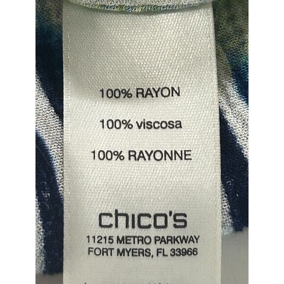 Chicos Top Womens Large 2 Blue Green Colorful Ikat Back Detail Bell Sleeve Rayon - Picture 9 of 11